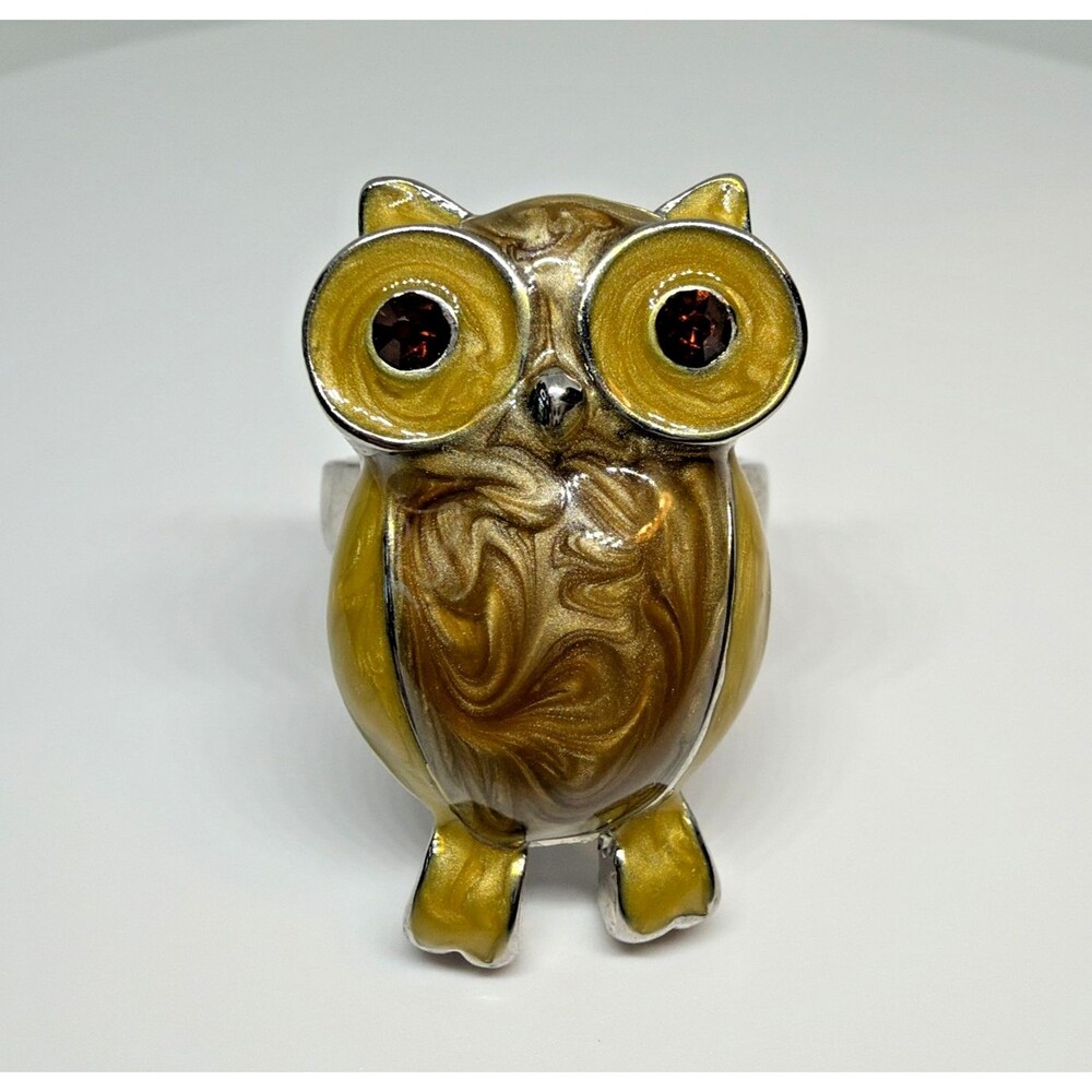 Vintage City Rox Enamel Owl Ring Size 6 6.5 Mustard Yellow Brown Retro 90s
